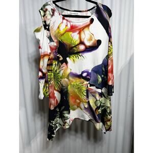 Caroline Rose Asymmetrical Cold Shoulder Floral Tunic Top XL Artwear Resort Wear